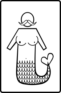 zeichnung einer meerjungfrau ohne hände, unterschiedlichen brüsten und brustwarzen, einem schnurrbart