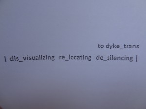 photograph of the cover saying: to dyke_trans, dis_visualizing, re_locating, de_silencing