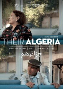 Inserted is the film poster of Their Algeria. Pictured, besides the title in the center in English and below in Arabic, are two people looking into the distance.