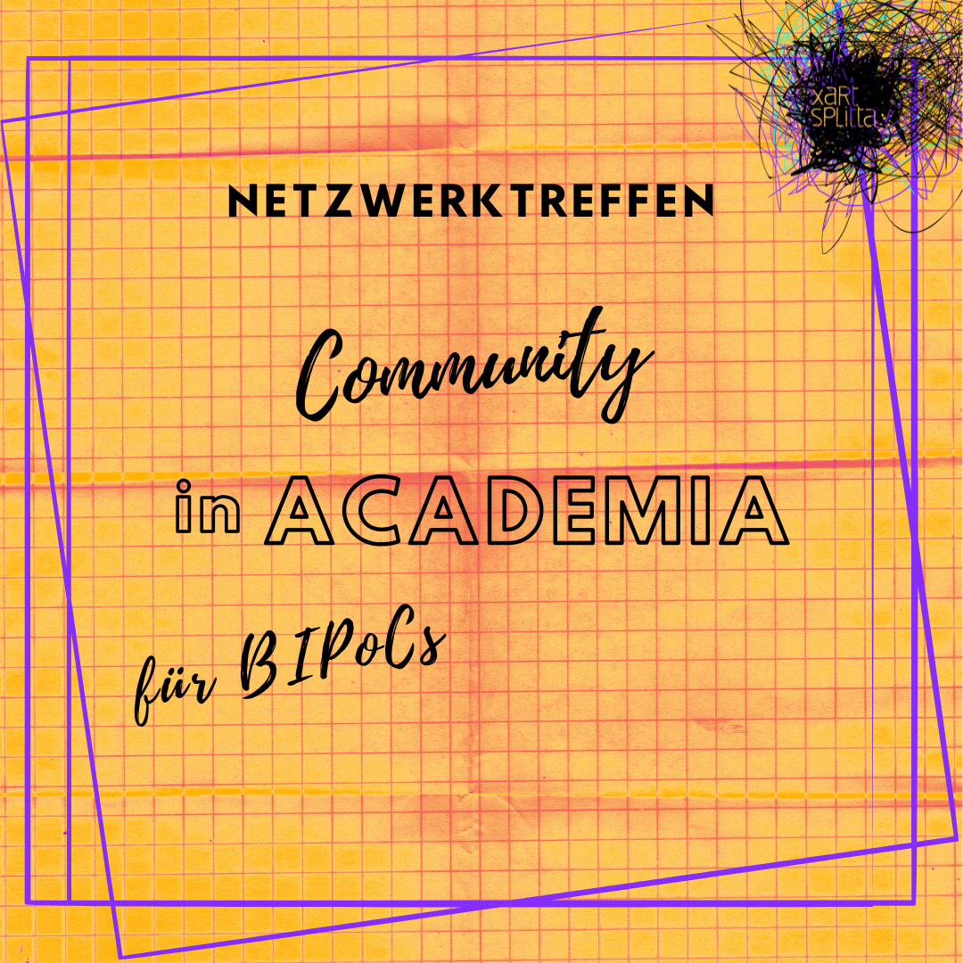 kariertes Papier mit orangenem Filter, mittig steht: Netzwerktreffen, Community in Academia für BIPoCs